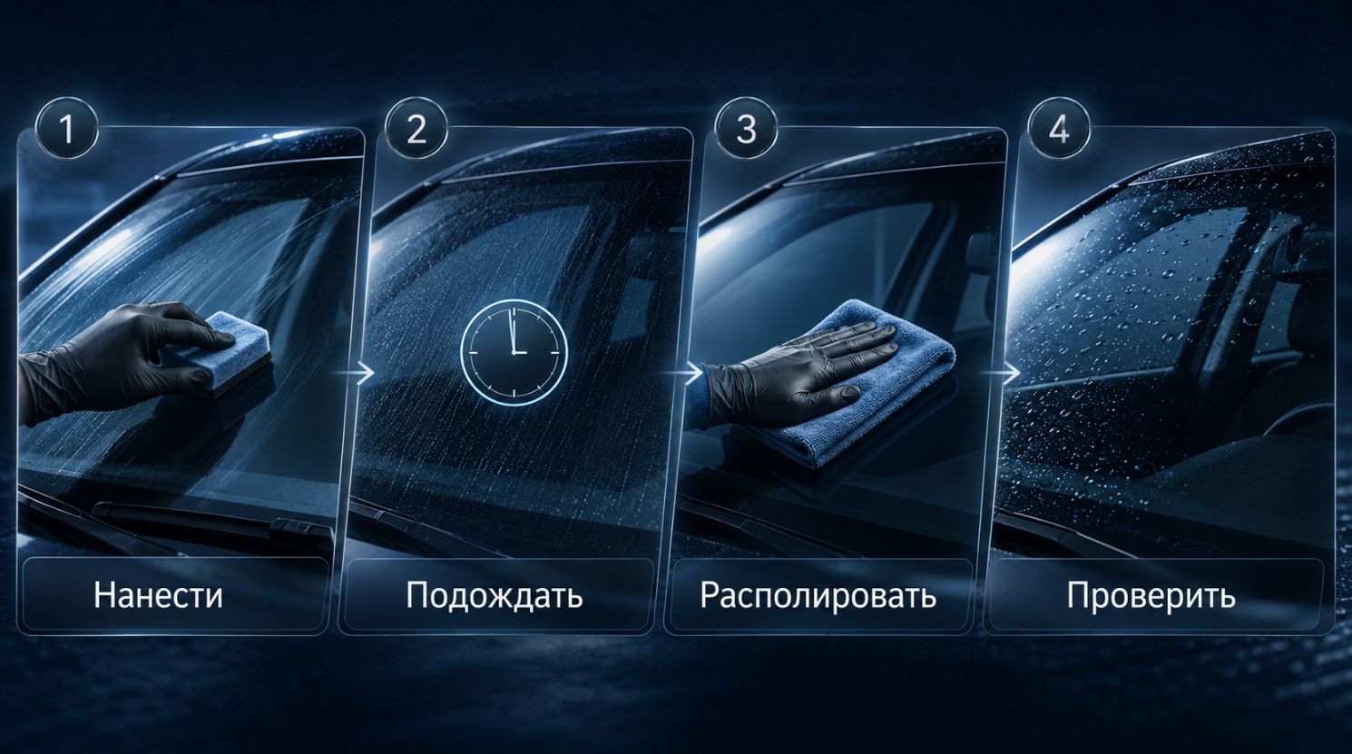 Этапы нанесения защитного слоя антидождя на лобовое стекло автомобиля