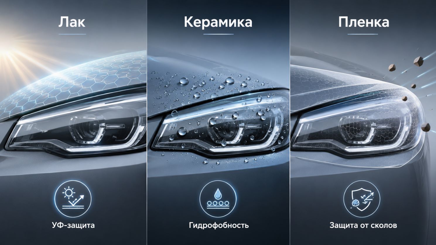 Сравнение лака, керамики и защитной пленки для фар