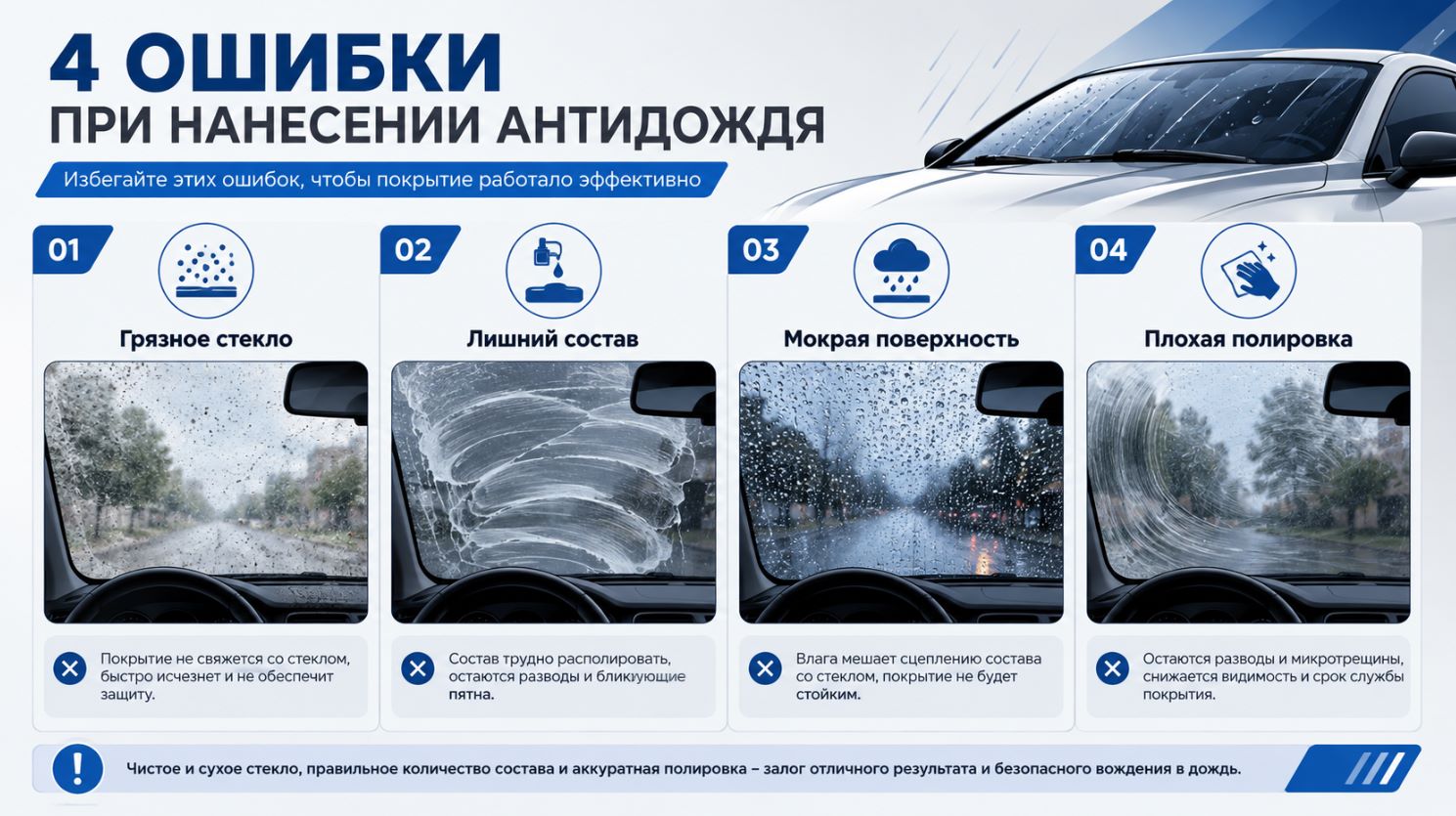Ошибки при нанесении антидождя на автомобильное стекло