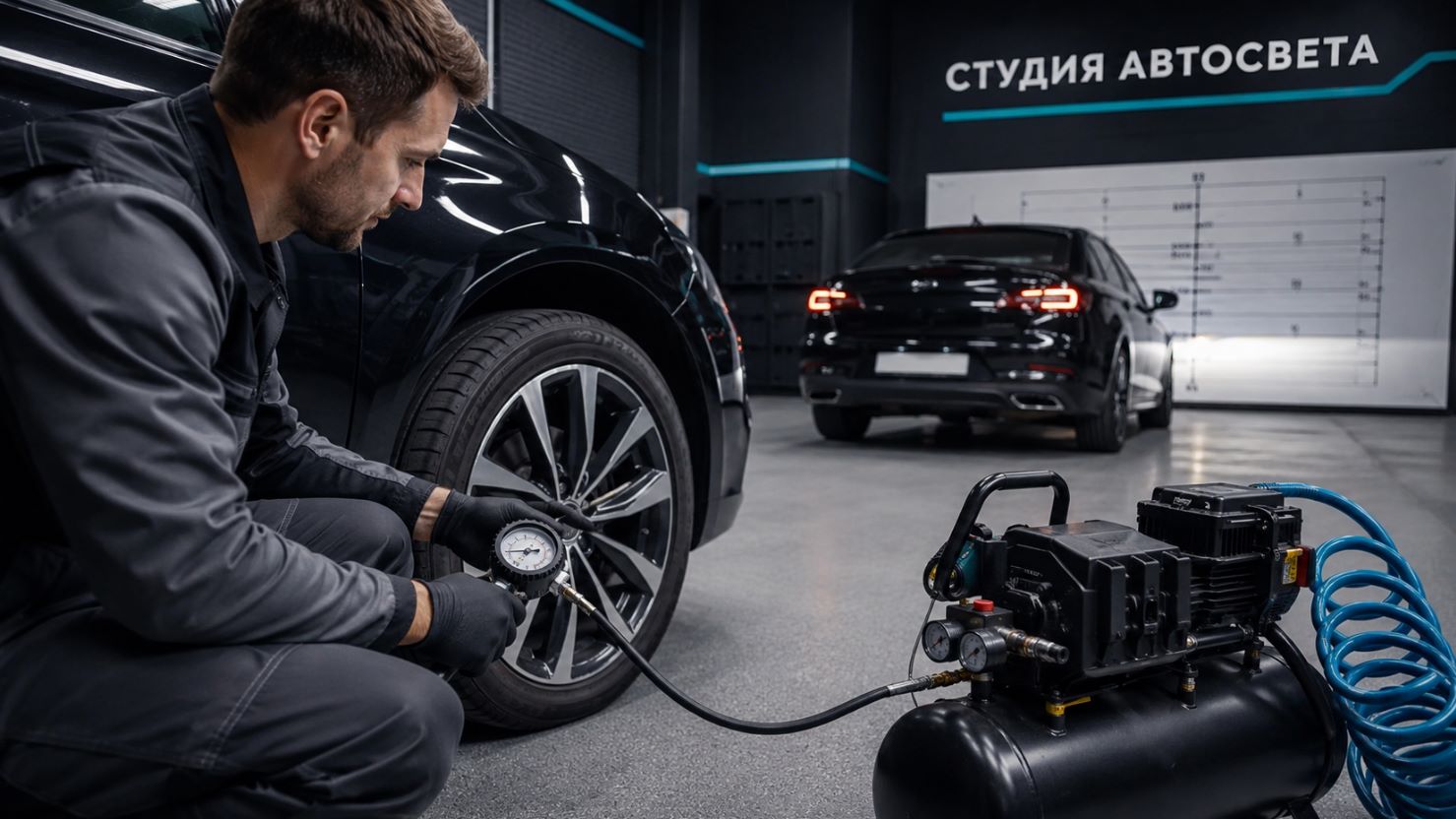 Подготовка автомобиля к регулировке: проверка давления в шинах и нагрузки