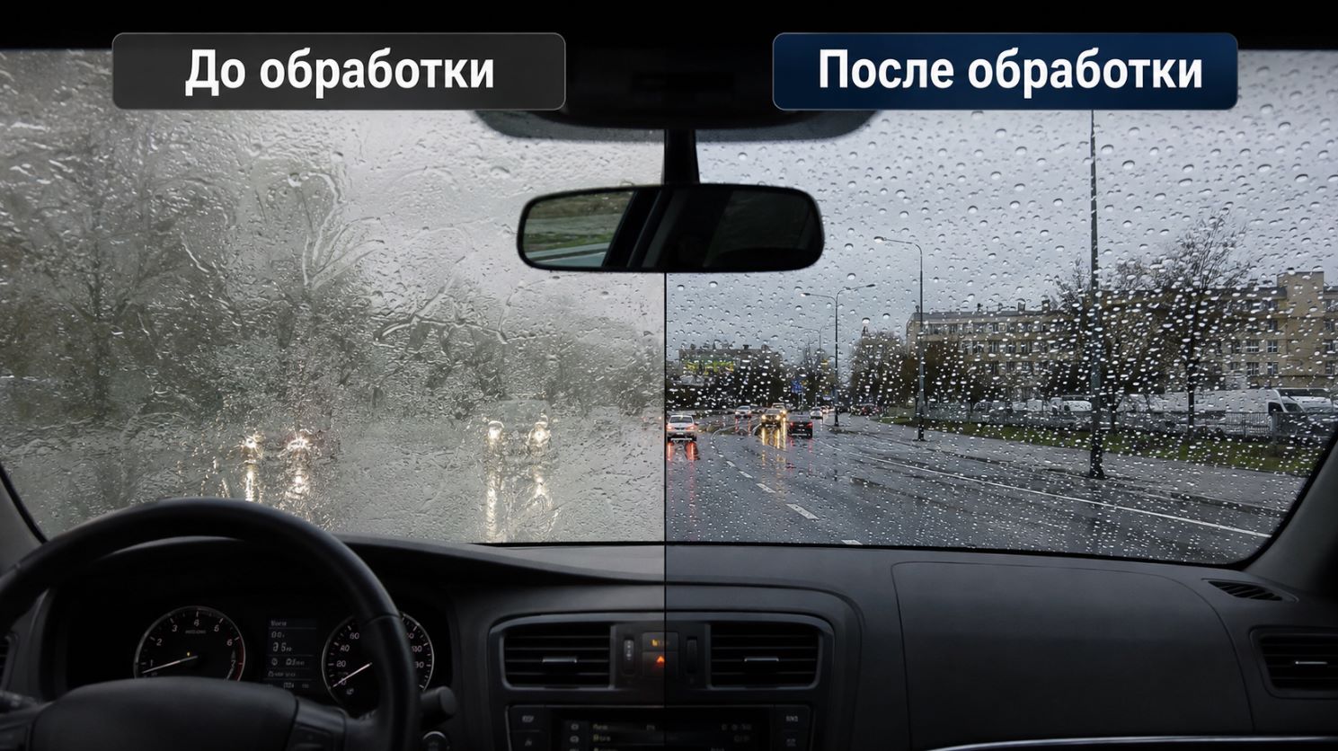 Сравнение стекла автомобиля до и после антидождя