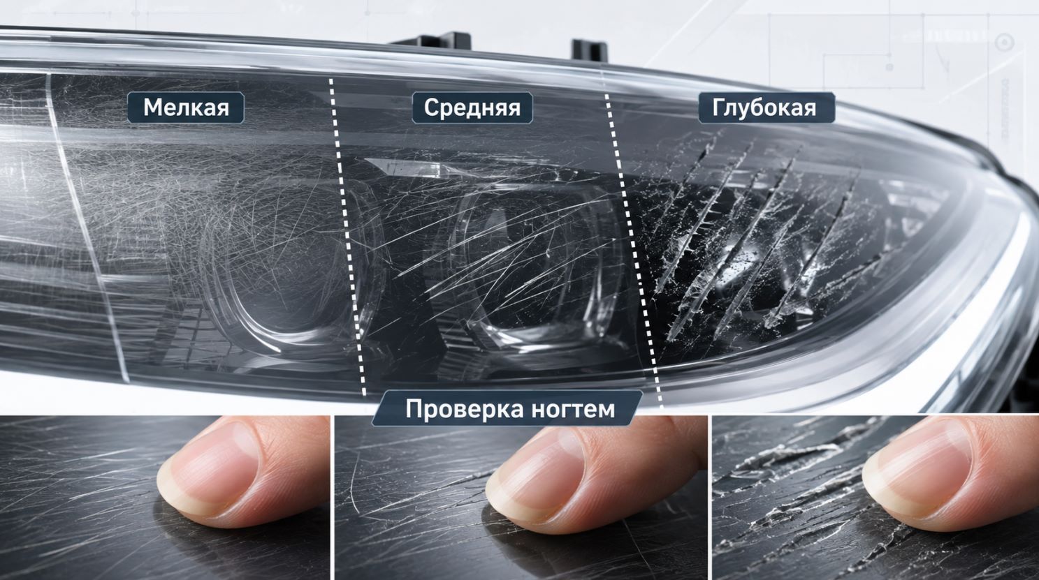Виды царапин на автомобильной фаре по глубине