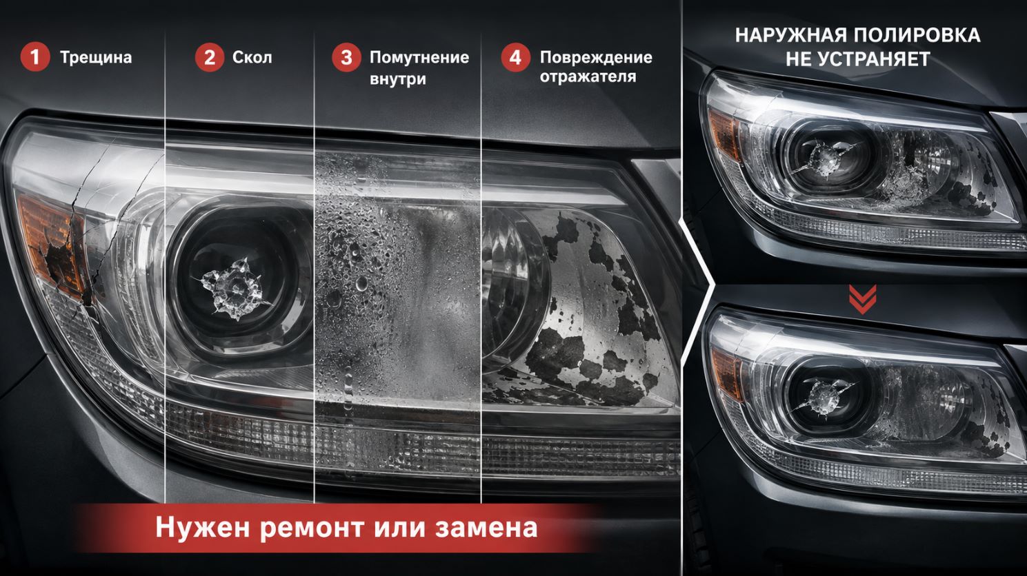Повреждения фары, при которых полировка не поможет