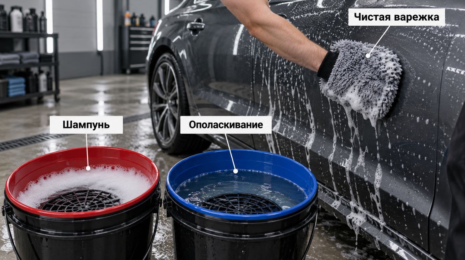 Метод двух ведер при контактной мойке автомобиля