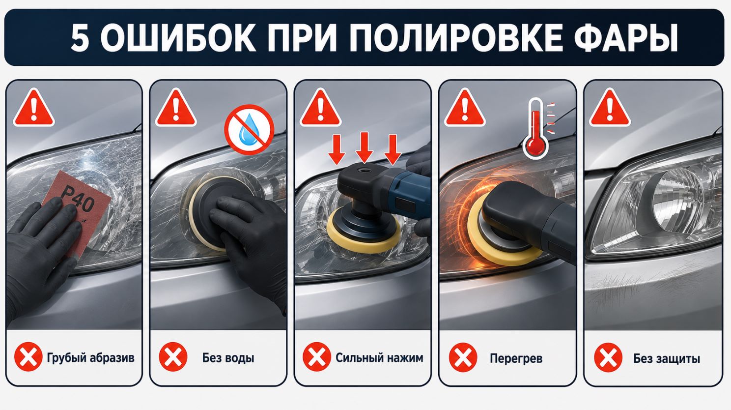 Основные ошибки при полировке автомобильных фар