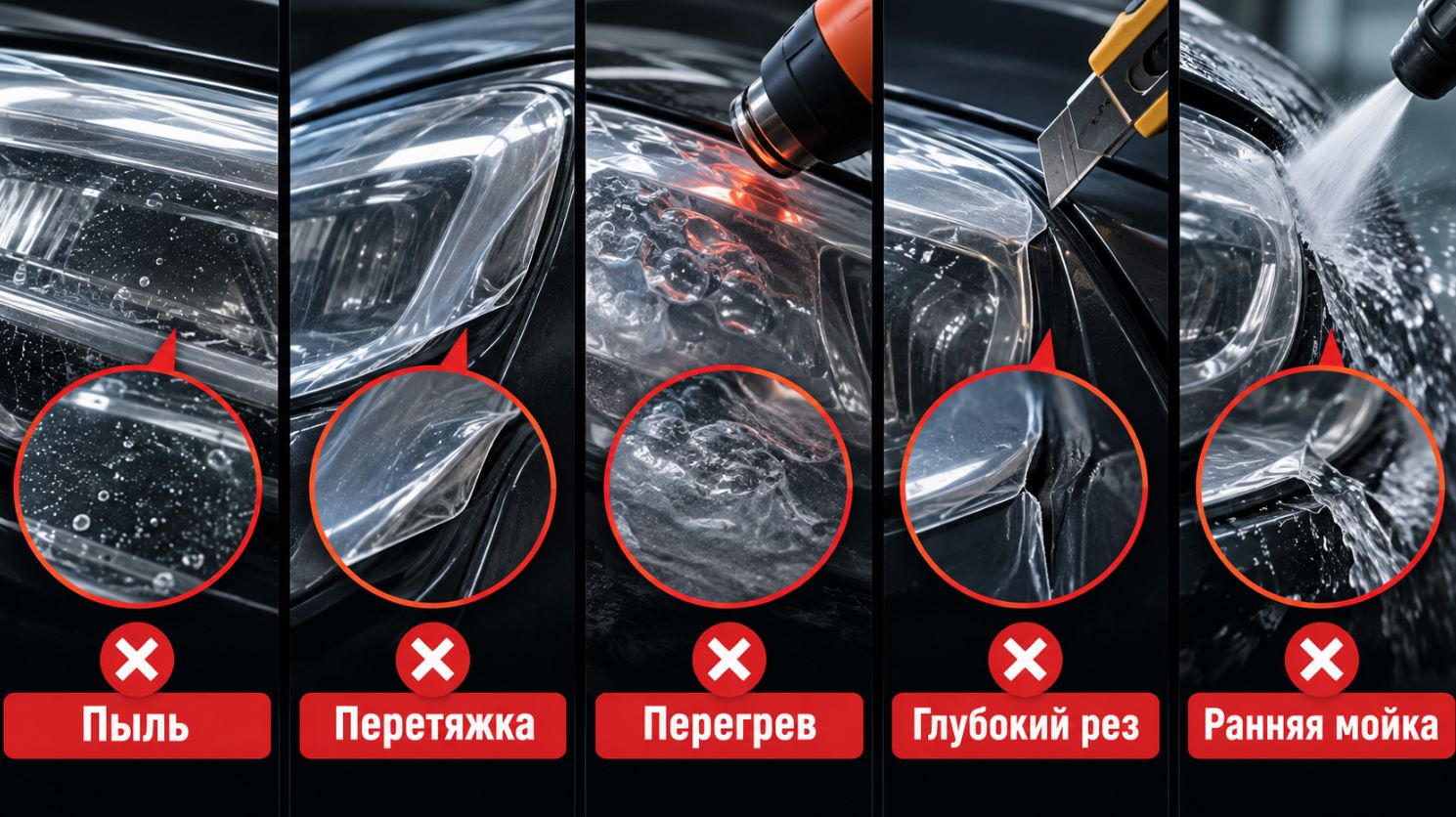 Распространённые ошибки при самостоятельном бронировании автомобильных фар плёнкой