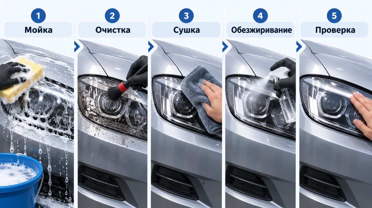 Этапы подготовки автомобильной фары перед оклейкой защитной плёнкой