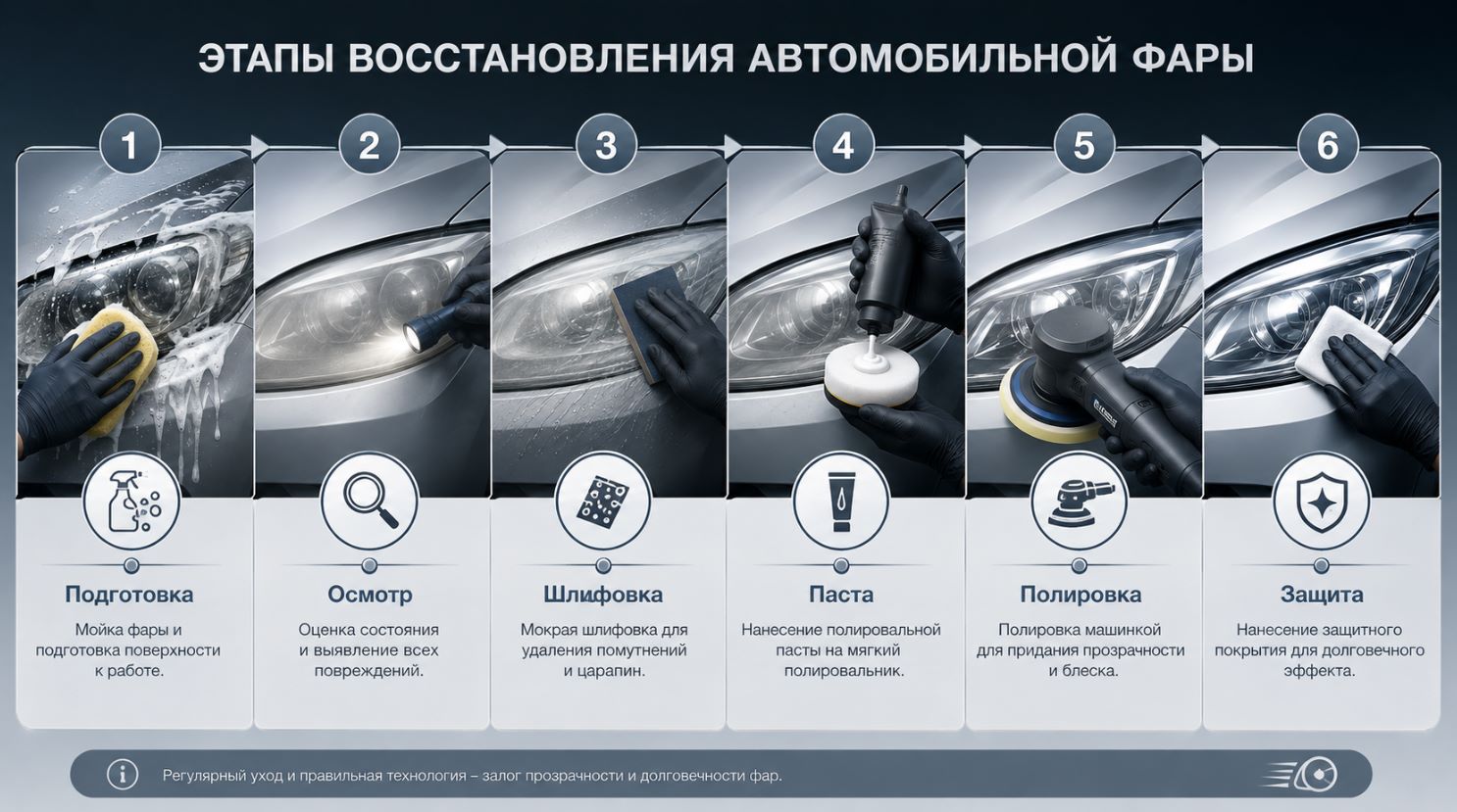 Этапы полировки и восстановления автомобильной фары