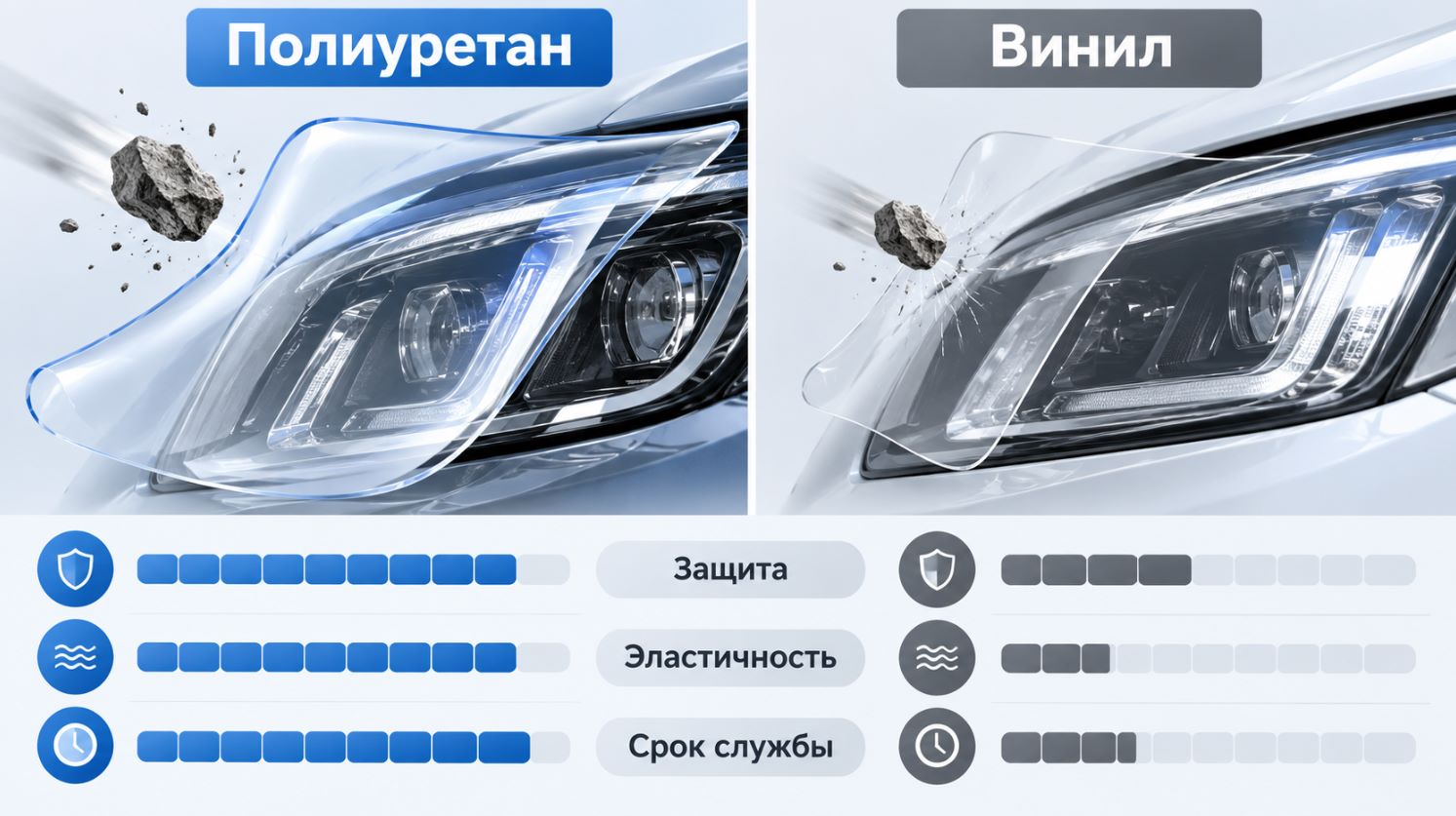 Сравнение полиуретановой и виниловой плёнки для бронирования фар